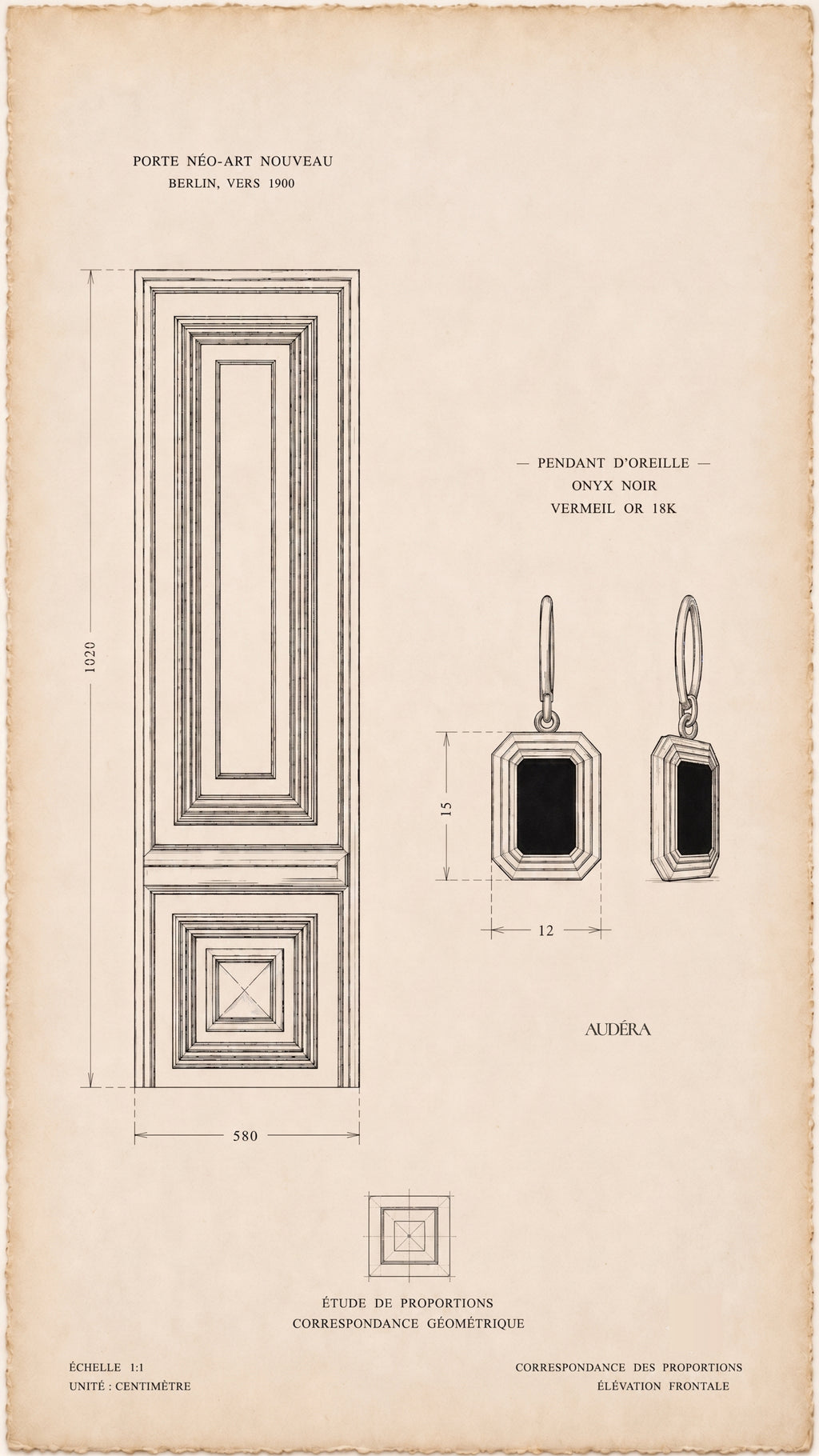 Vintage blueprint-style design study of the Audéra Celeste drop earring in 18k gold vermeil with black onyx, inspired by a Berlin Altbau Art Nouveau door.