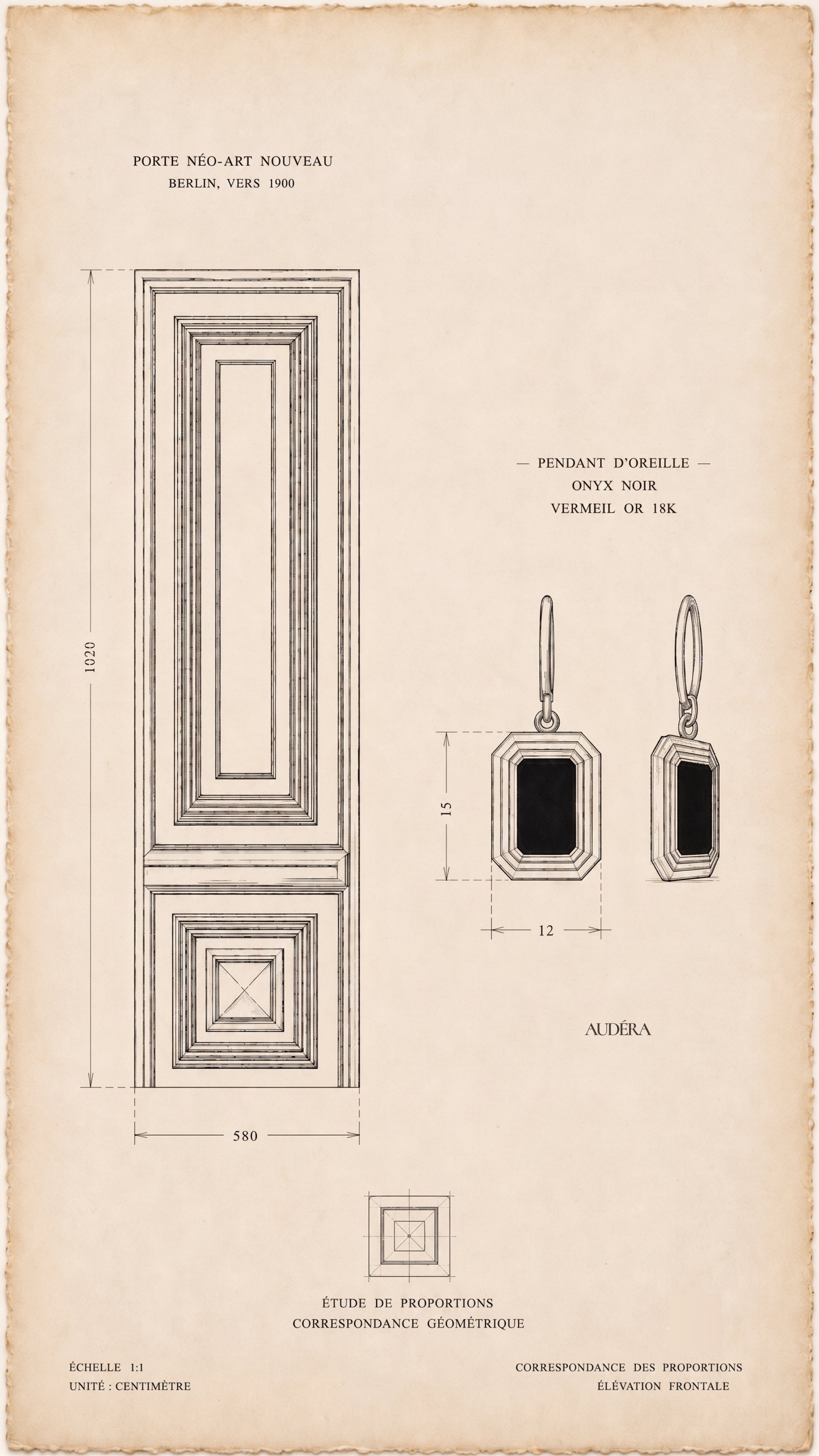 Vintage blueprint-style design study of the Audéra Celeste drop earring in 18k gold vermeil with black onyx, inspired by a Berlin Altbau Art Nouveau door.