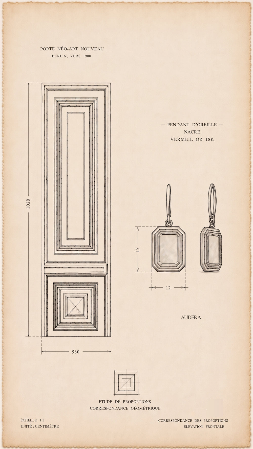 Vintage blueprint-style design study of the Audéra Celeste drop earring in 18k gold vermeil with mother of pearl, inspired by a Berlin Altbau Art Nouveau door.