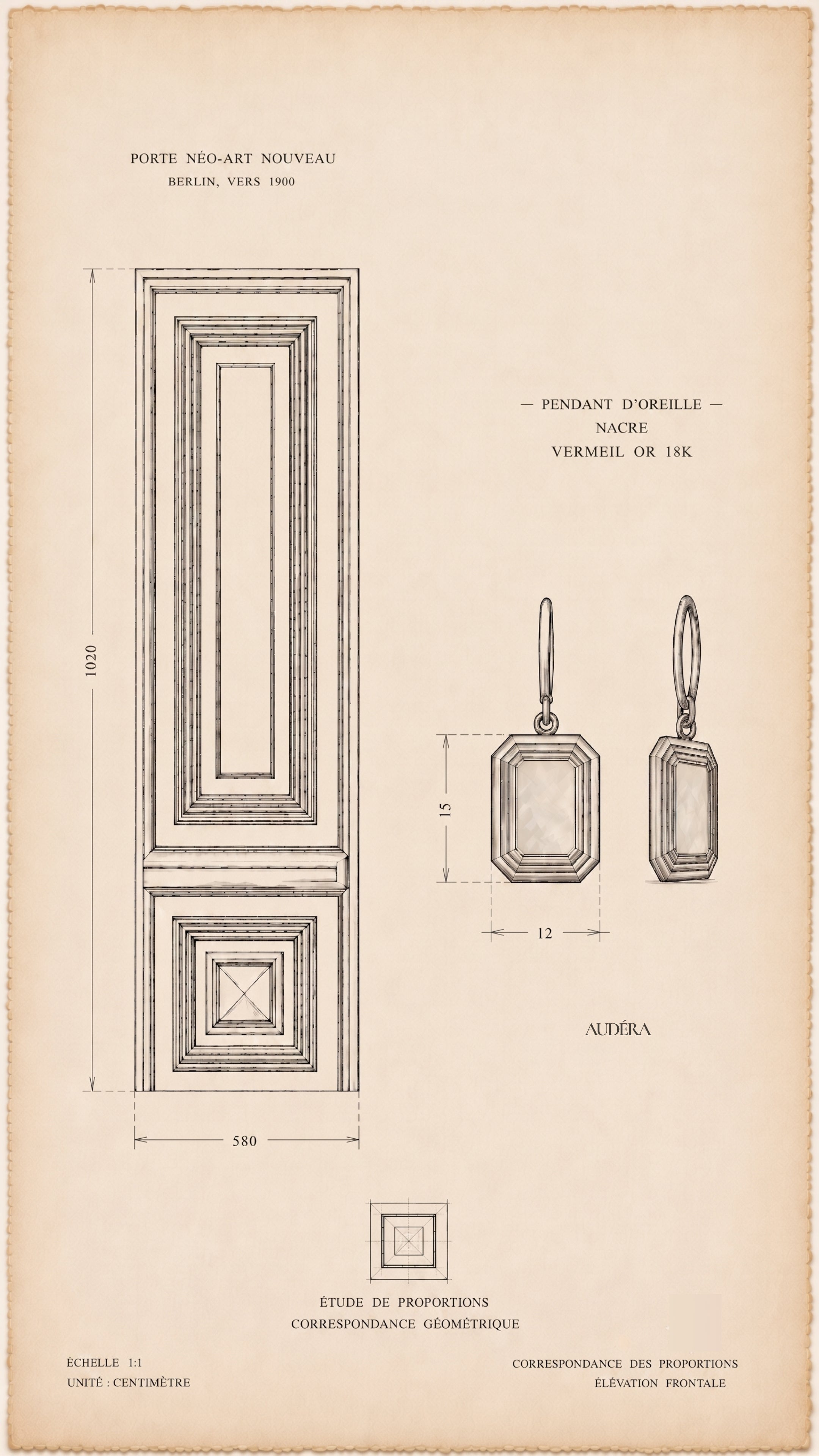 Vintage blueprint-style design study of the Audéra Celeste drop earring in 18k gold vermeil with mother of pearl, inspired by a Berlin Altbau Art Nouveau door.