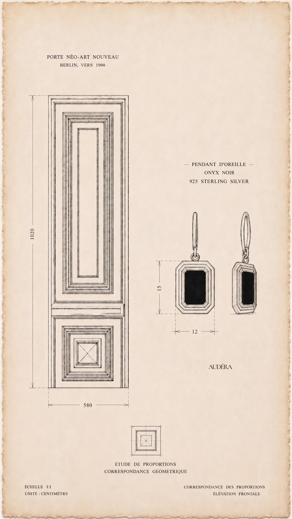 Vintage blueprint-style design study of the Audéra Celeste drop earring in 925 sterling silver with black onyx, inspired by a Berlin Altbau Art Nouveau door.