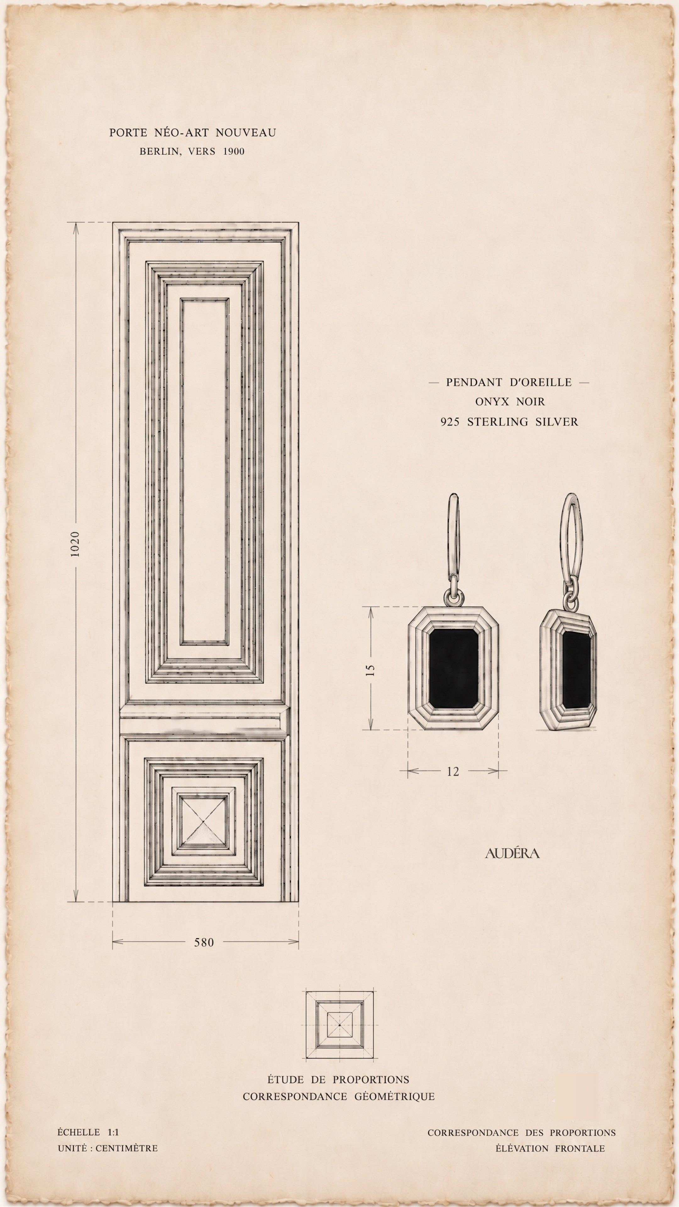 Vintage blueprint-style design study of the Audéra Celeste drop earring in 925 sterling silver with black onyx, inspired by a Berlin Altbau Art Nouveau door.